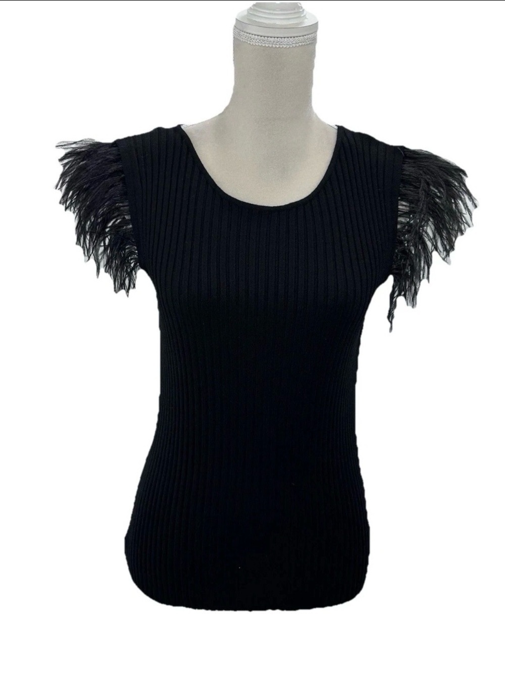 Sioni Black Ribbed Knit Top with Feather Cap Sleeves